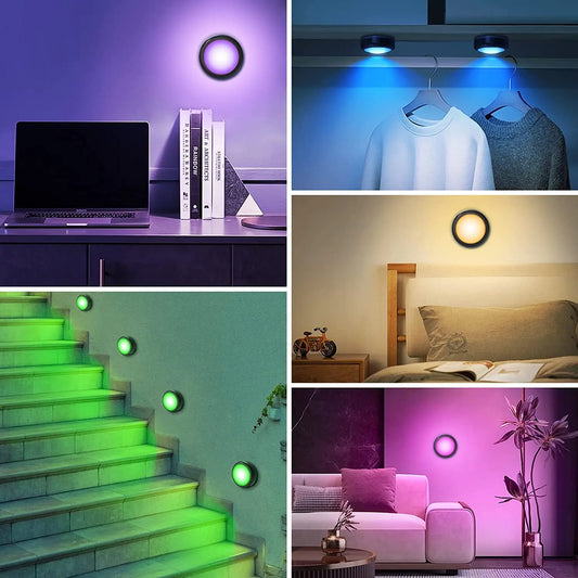 6Pcs RGBW LED Night Lights Remote Control Dimmable Under Cabinet Light Battery-Operated Wireless