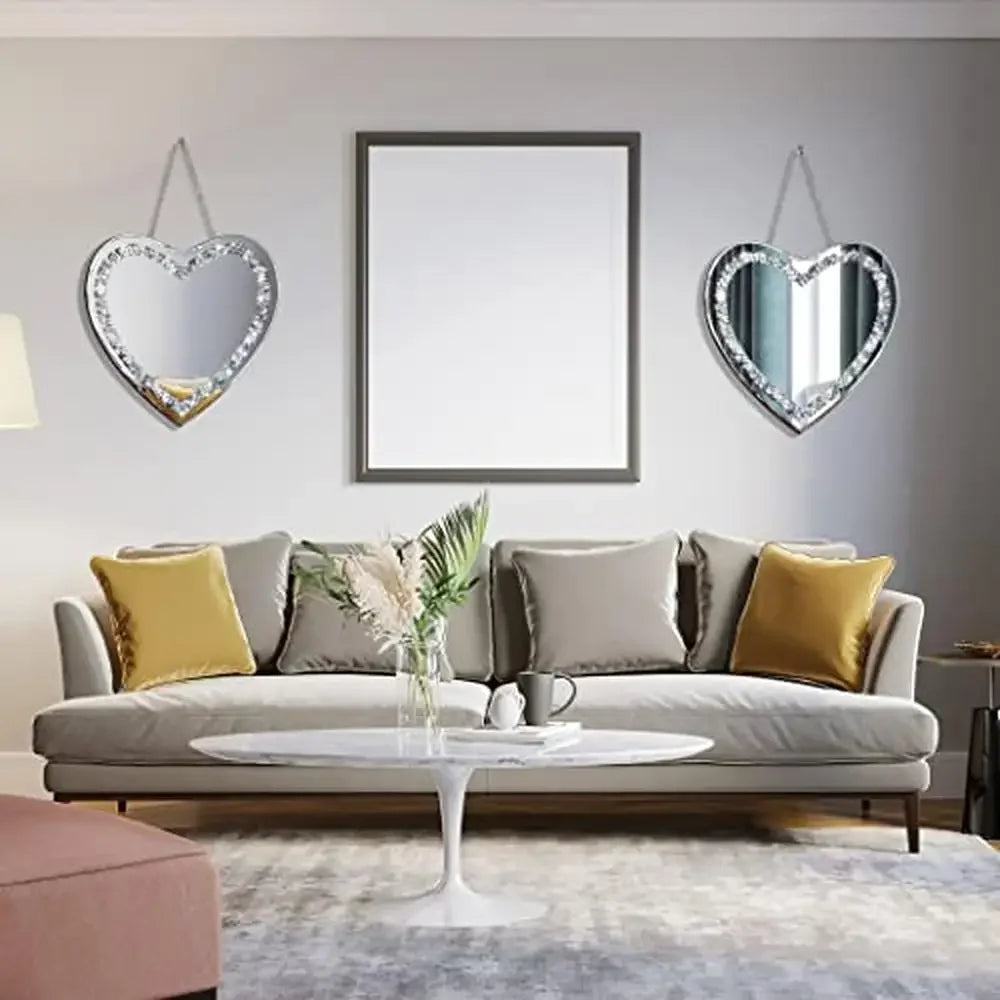 Heart Shaped Crystal Crush Diamond Glass Mirror Set Pack of 2 Glam Style Stainless Steel Chain