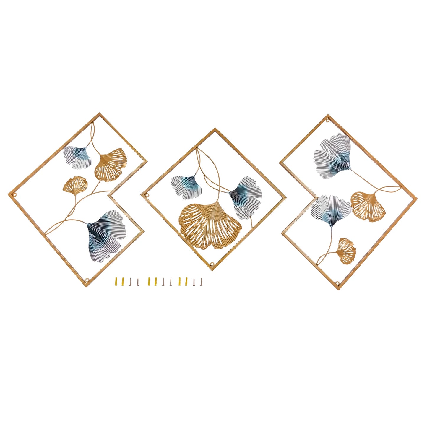 3PCS Metal Wall Art Hanging Sculpture Decor 3D Ginkgo Gold & Blue
