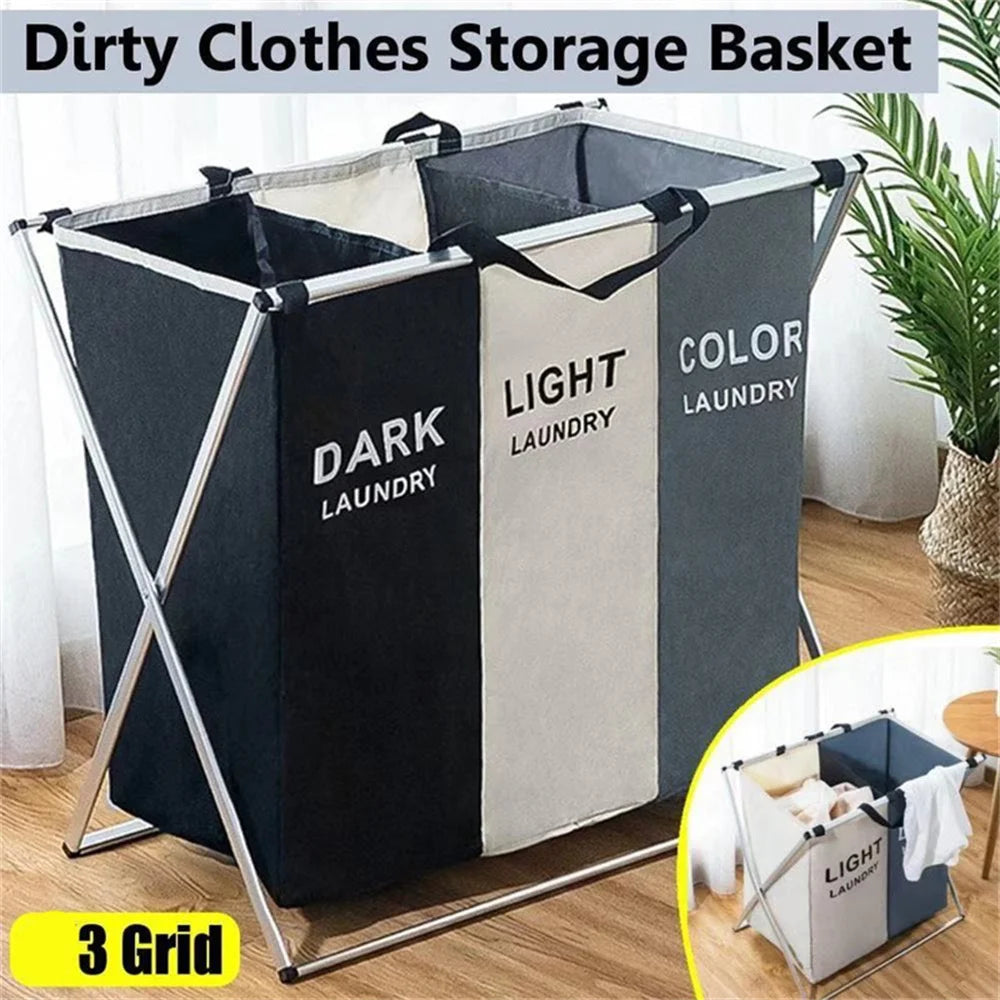 3 Grids Laundry Basket Foldable Dirty Clothes Organizer Waterproof Basket Large Laundry Hamper