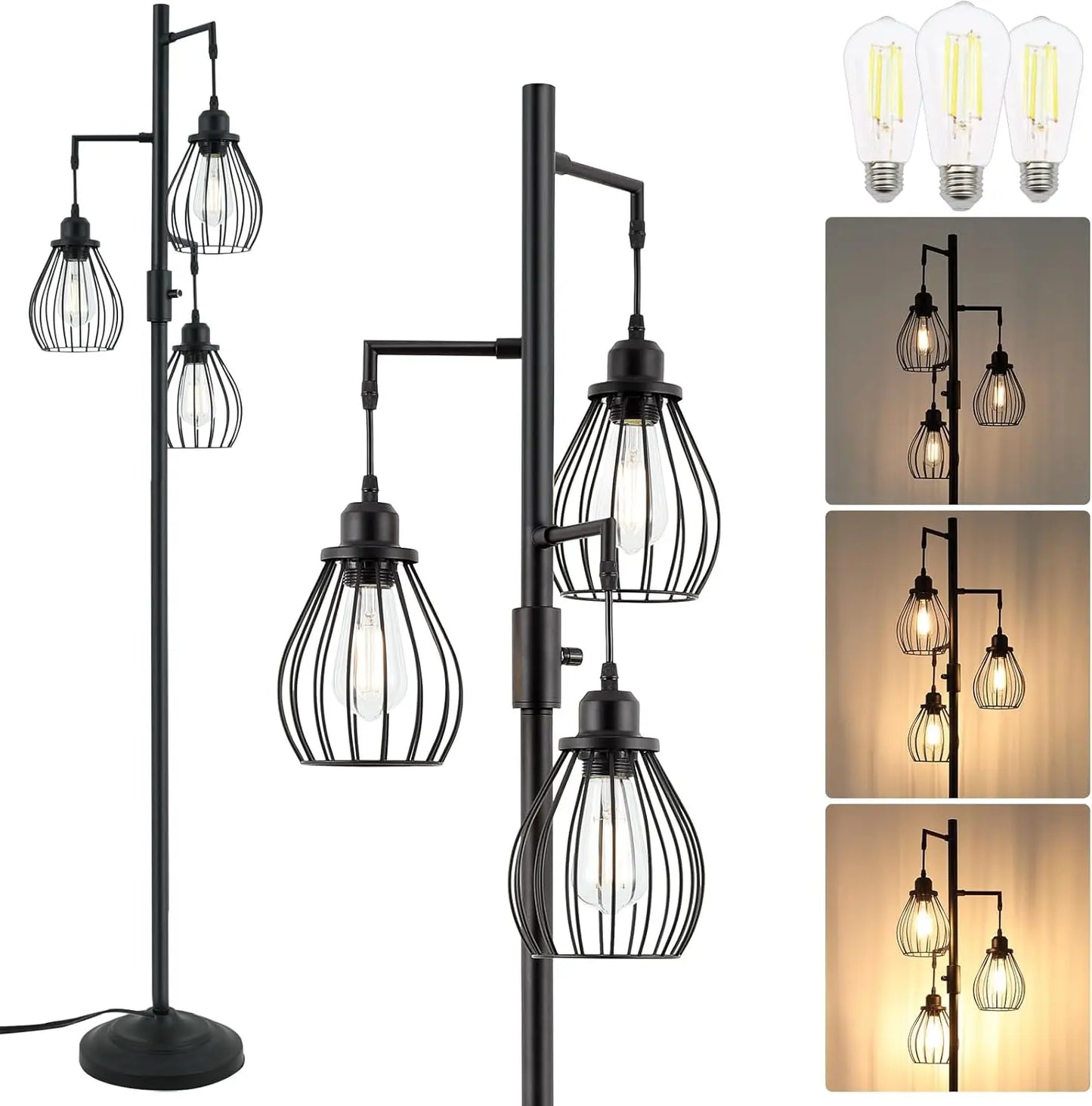 68.5” Dimmable Floor Lamp, Farmhouse Floor Lamps with Elegant Teardrop Cages, Rustic Floor Lamps Black Tall Vintage