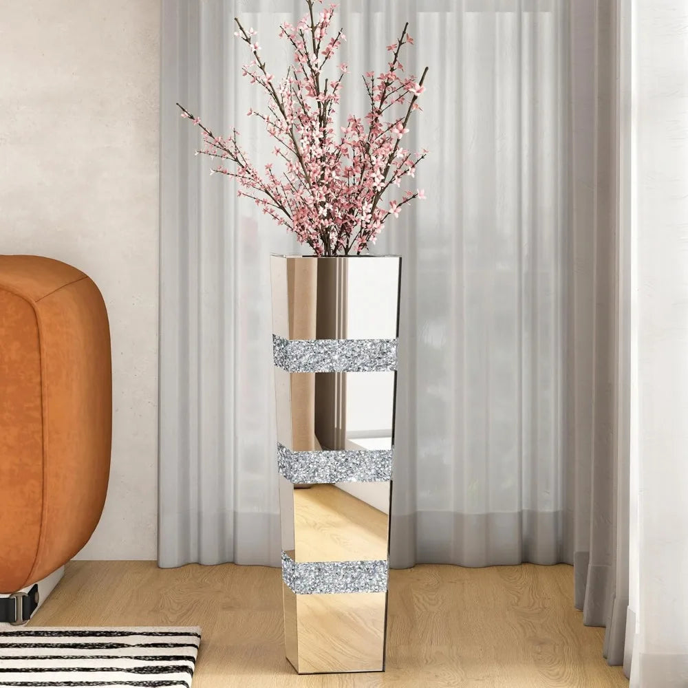 Mirrored Vase, Crushed Diamond Floor, Silver Vases Decor Living