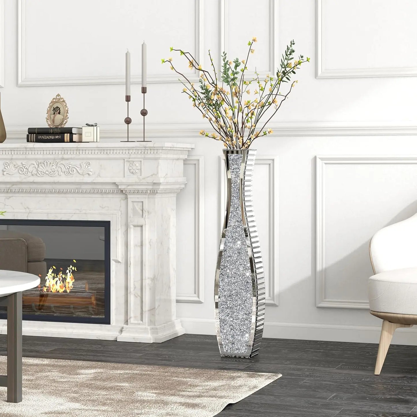 Mirrored Vase, Crushed Diamond Floor, Silver Vases Decor Living