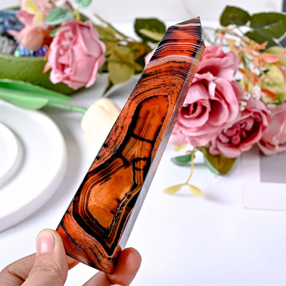 Stunning red and black agate crystal square column, crystal collection decor stone tower