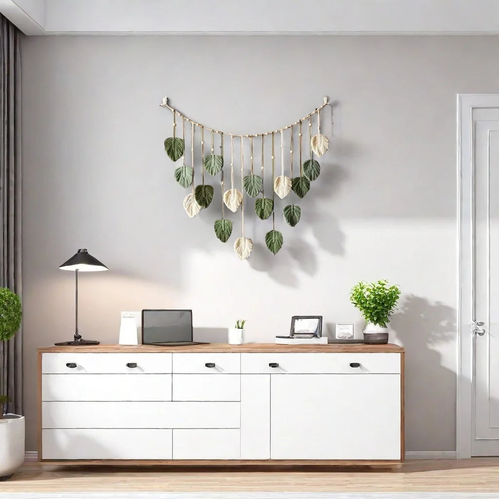 Macrame Tapestry Leaf Hanging Decor for Living Room Bedroom, Boho Wall Art