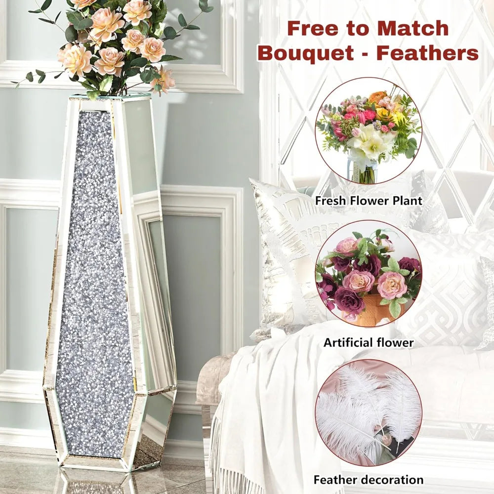 27" Tall Floor Crystal Vase Crushed Diamond Floor Silver for Decor in all rooms