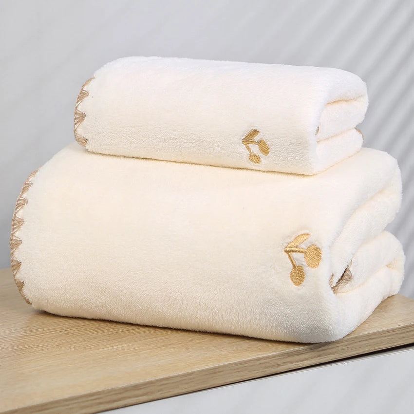 Soft Coral Towels Set Peach Bear Cherry Embroidered Face Bath Towel Super Absorbent