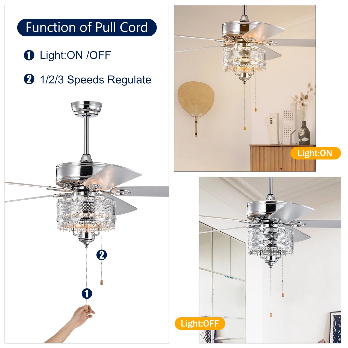 52'' Classical Crystal Ceiling Fan Lamp 5 Reversible Blades Stylish for Any Room