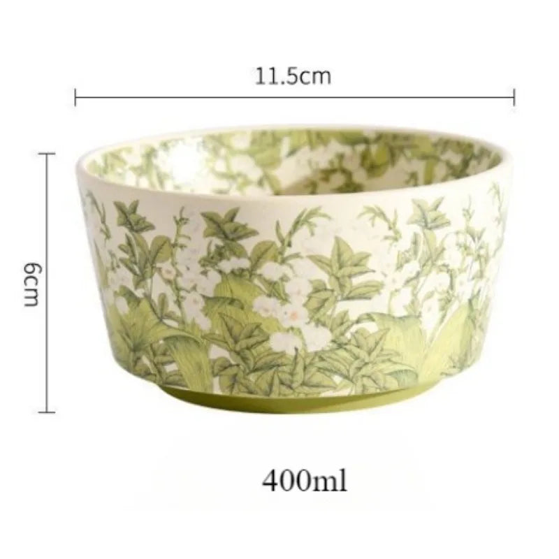 Deluxe Ceramic Bowl Spoon Set Bell Orchid Oil Painting Style Ceramic Tableware Retro Bowl
