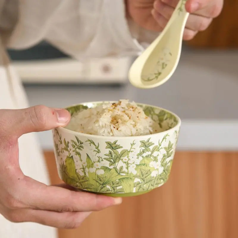 Deluxe Ceramic Bowl Spoon Set Bell Orchid Oil Painting Style Ceramic Tableware Retro Bowl