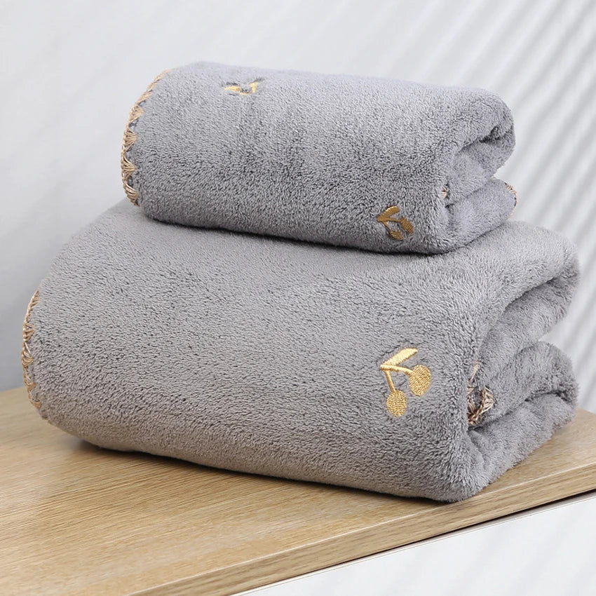 Soft Coral Towels Set Peach Bear Cherry Embroidered Face Bath Towel Super Absorbent