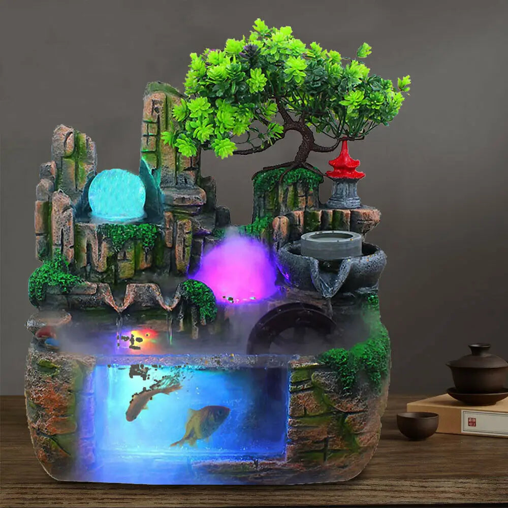 Fountain Waterfall with Rockery Indoor Relaxation with Light Bird & Fisherman for Home