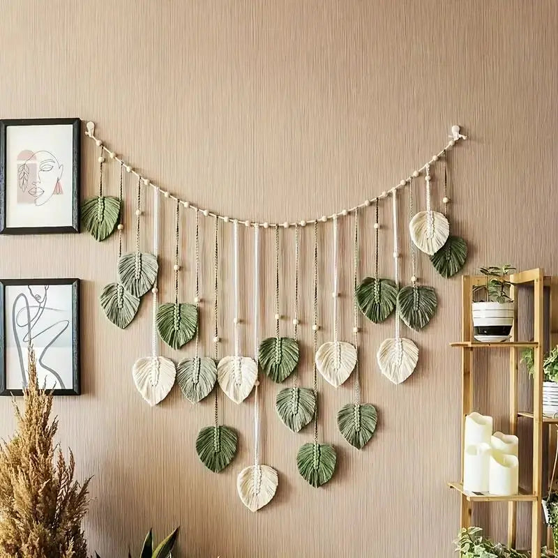 Macrame Tapestry Leaf Hanging Decor for Living Room Bedroom, Boho Wall Art
