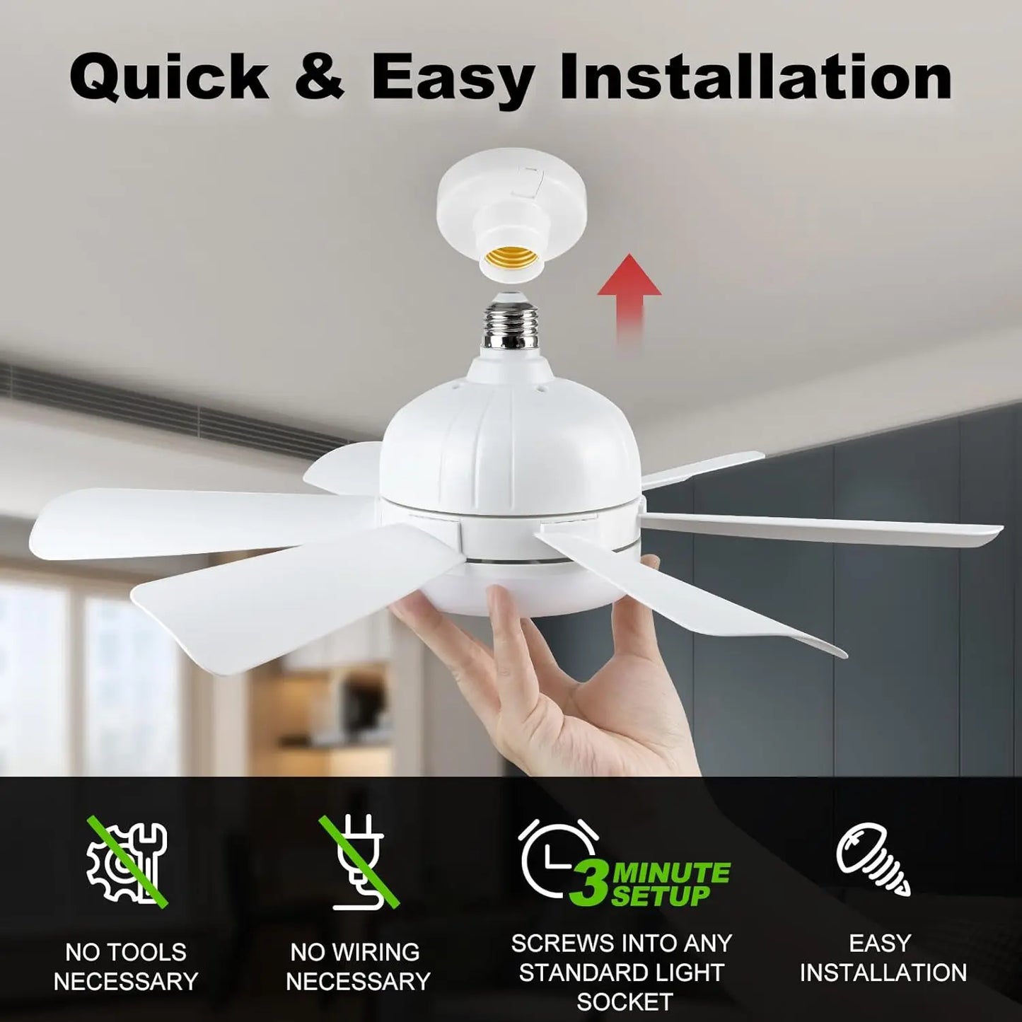 LED Ceiling Fan Light E26 with Remote, Dimmable, 3 Colors, Speed Change, Suitable for all rooms
