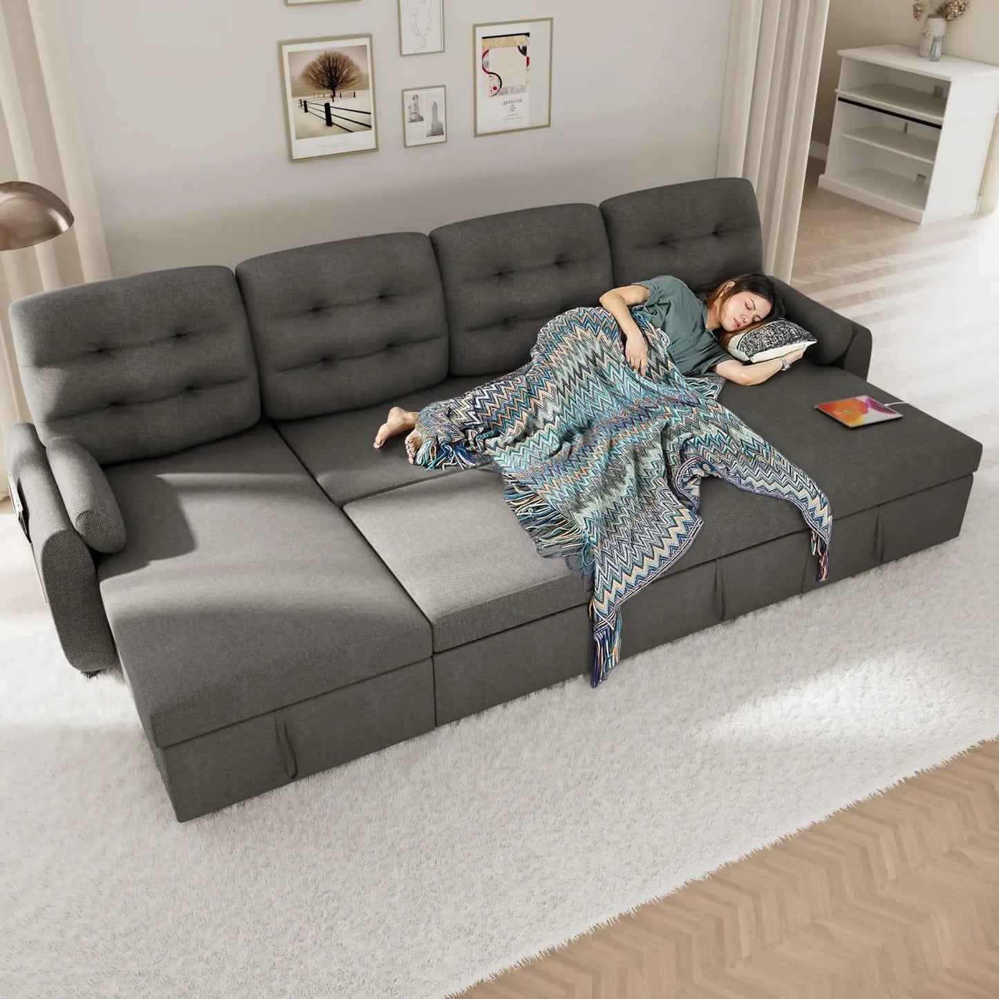 Sectional Sofa Couch Sleeper Sofa Bed with Reversible Storage Chaise Pull Out Couch with side Pocket