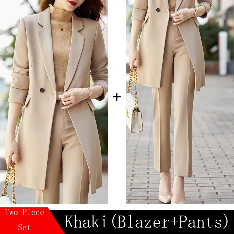 High End Office Professional Women's Blazer Pants 2-Piece Set Fashion Long Female Jacket Over Business Suit With Trousers