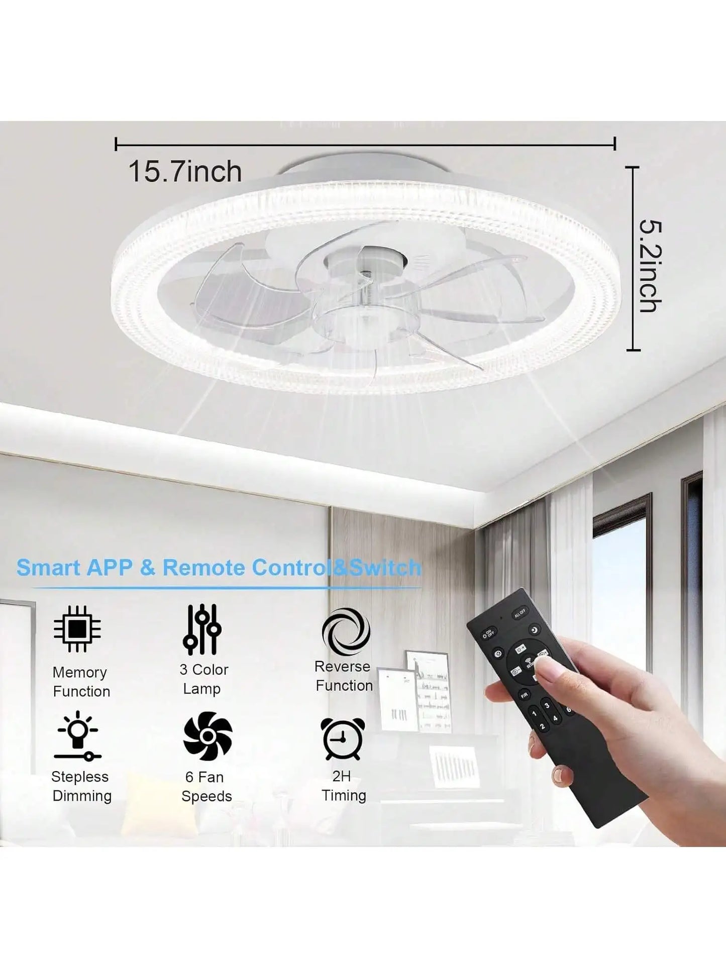 Ceiling Fans With Lights And Remote, 15.7"Flush Mount Ceiling Fan, 6Wind Speeds Low Profile Ceiling Fan With Light, Dimmable LED