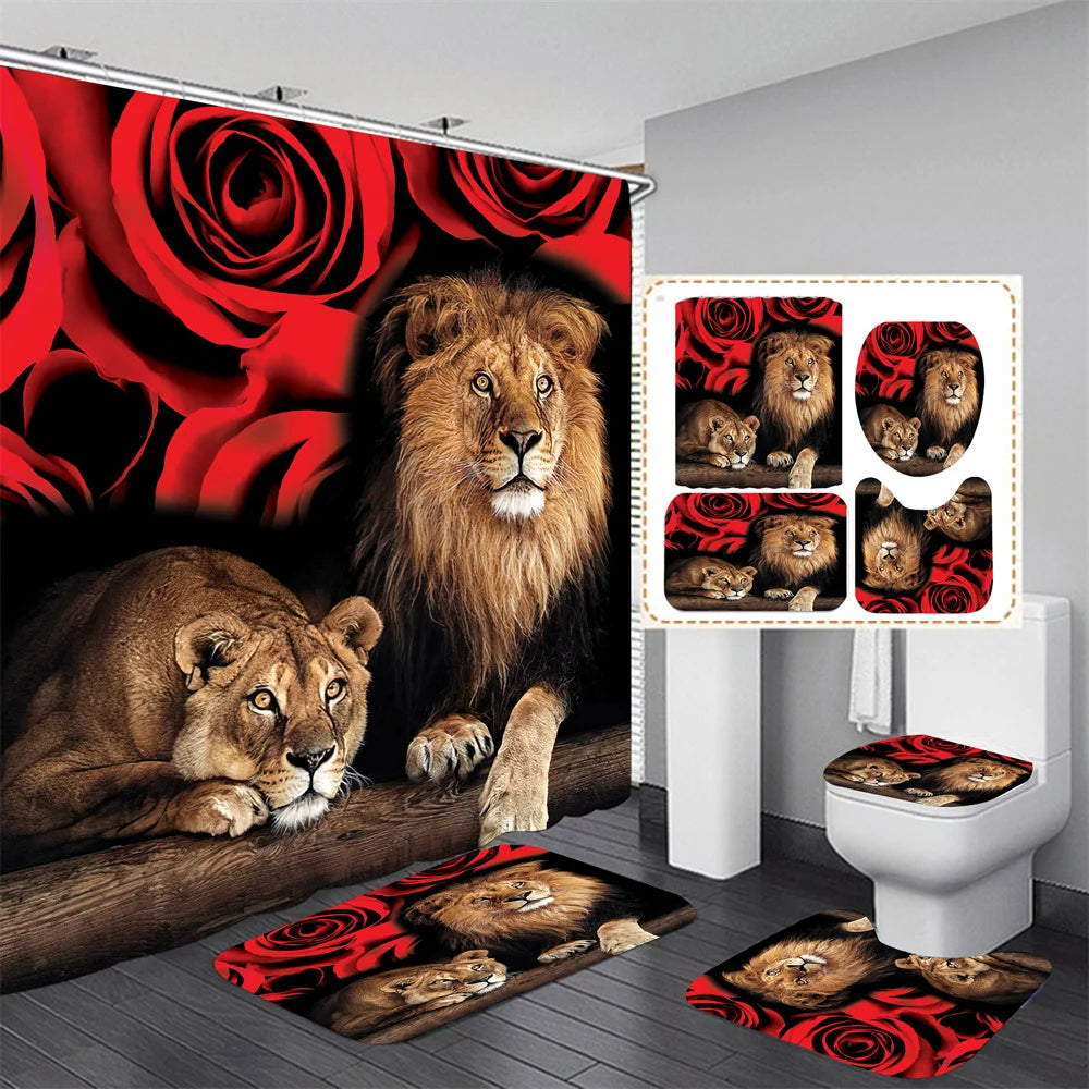 4PCS Flower Shower Curtain Set with Non-Slip Rugs, Toilet Lid Cover and Bath Mat Waterproof Bathroom Decor