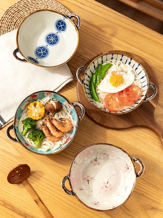 700ml Ceramic Salad Bowl With Handle Kitchen Soup Noodle Bowl Fruit Plate Japanese Tableware Microwave Oven Bowl