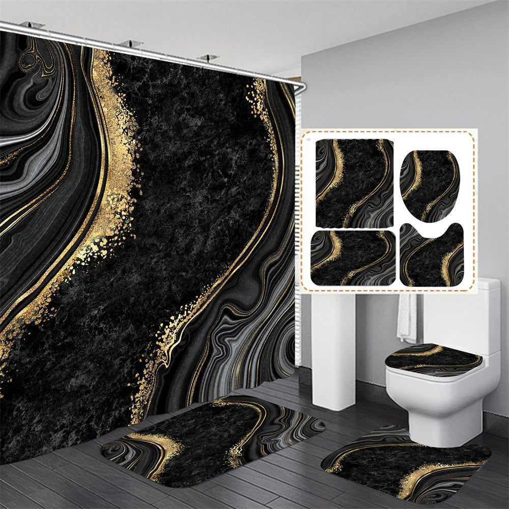4PCS Flower Shower Curtain Set with Non-Slip Rugs, Toilet Lid Cover and Bath Mat Waterproof Bathroom Decor