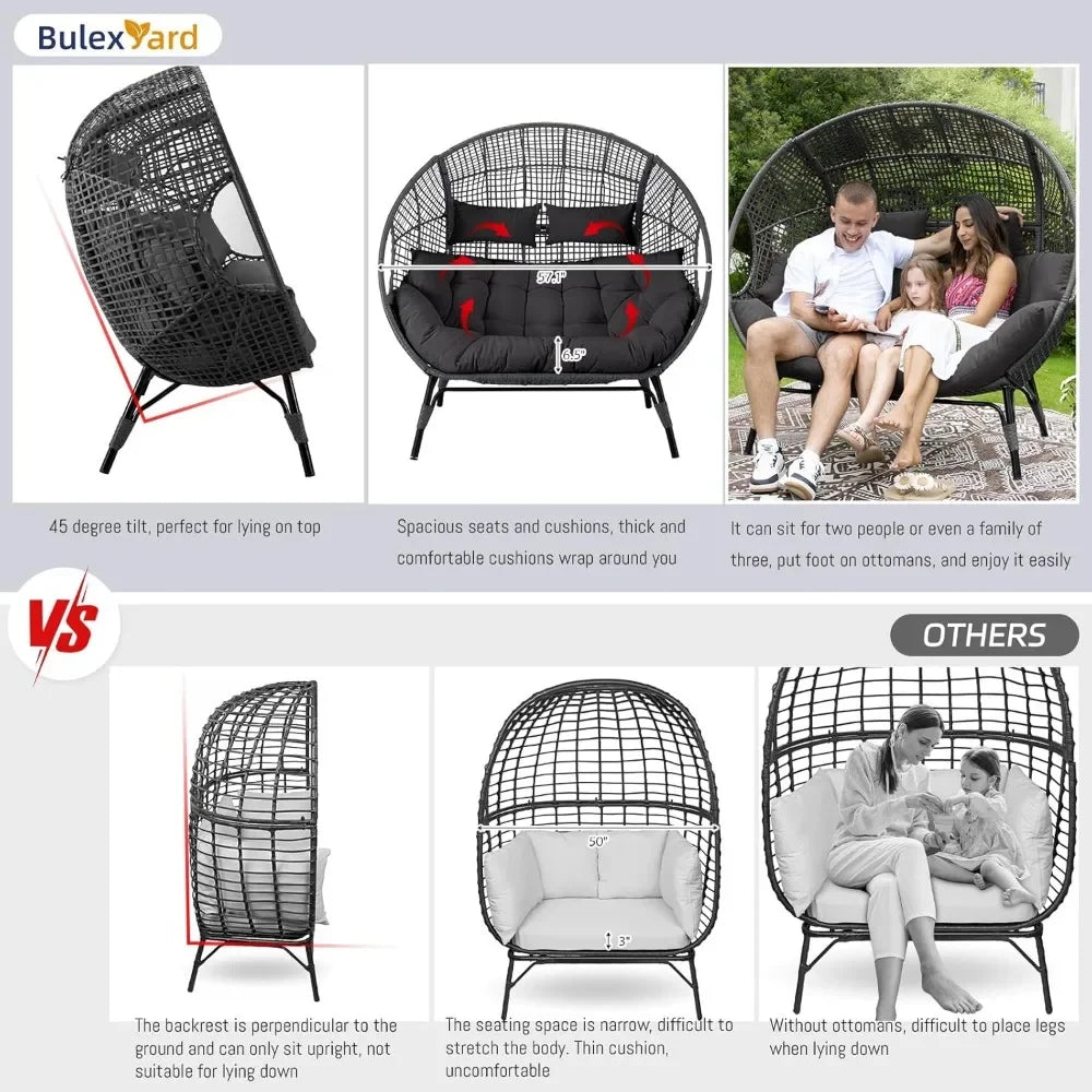 Double Egg Chair Indoor Outdoor 2 Person Grey Wicker Oversized Chair with Dark Grey Thick Cushion