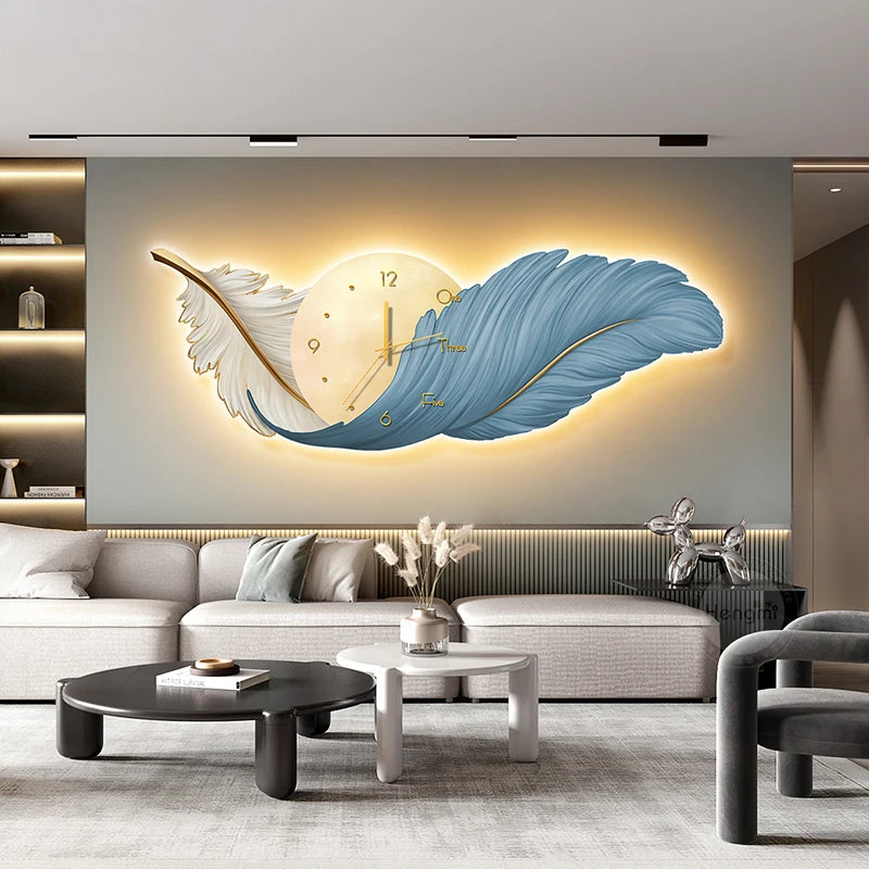 Luxury Living Room Painting Feather Mural with Led Light Painting High-End Sofa Background