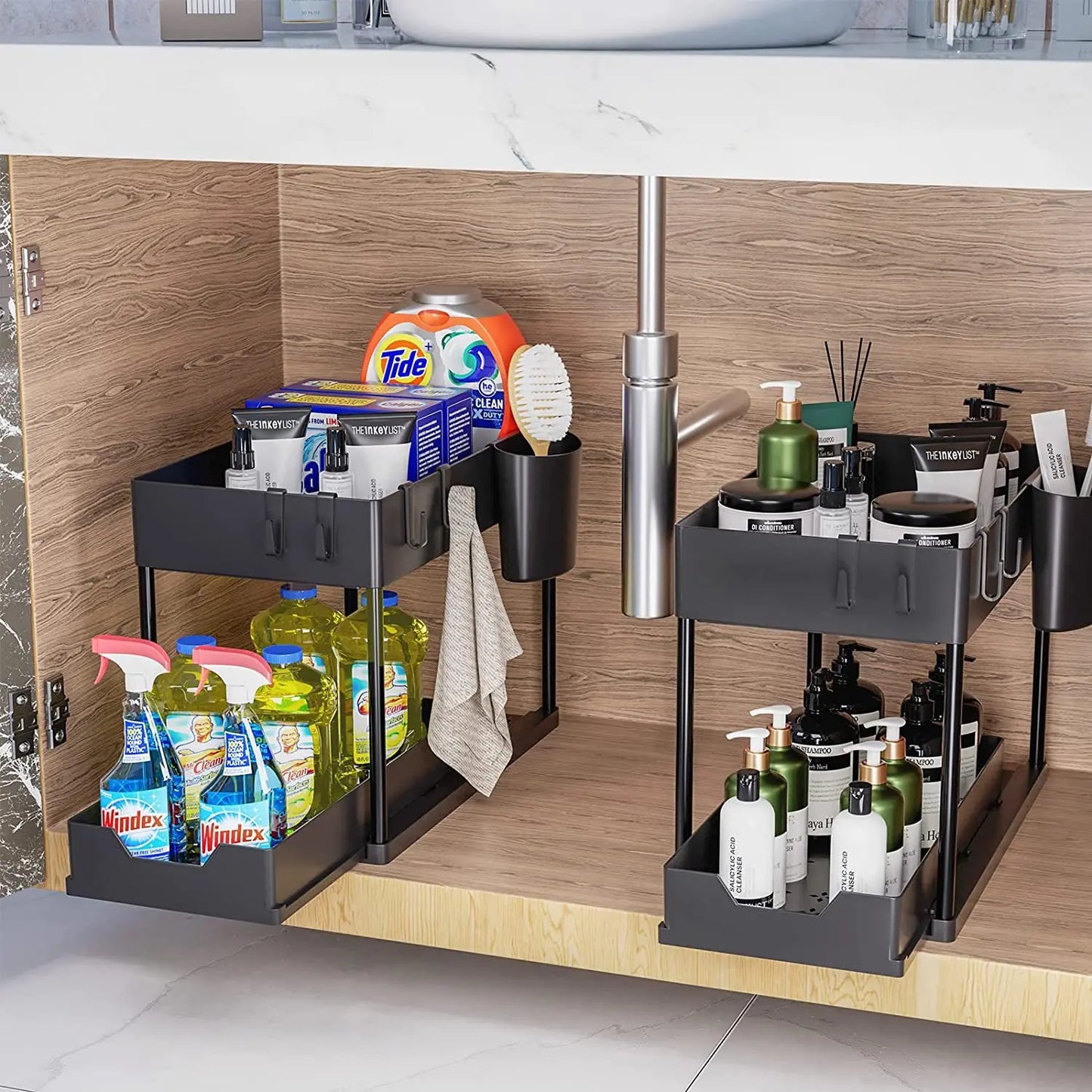 Pull-Out Pantry Multi-Tier Adjustable Storage Shelf for Spices Utensil Under Sink Cabinet Countertop
