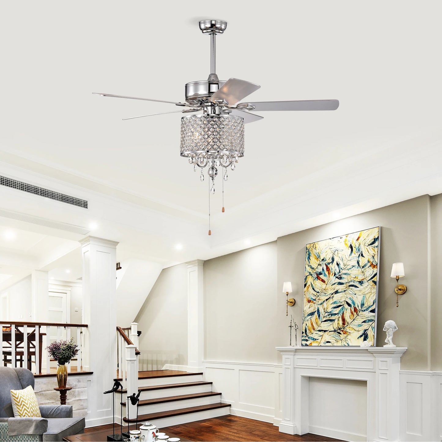 52'' Classical Crystal Ceiling Fan Lamp 3 Speed Hand Pull Chain (High, Mid, Low), 5 Reversible Blades for Living Room, Dining Ro