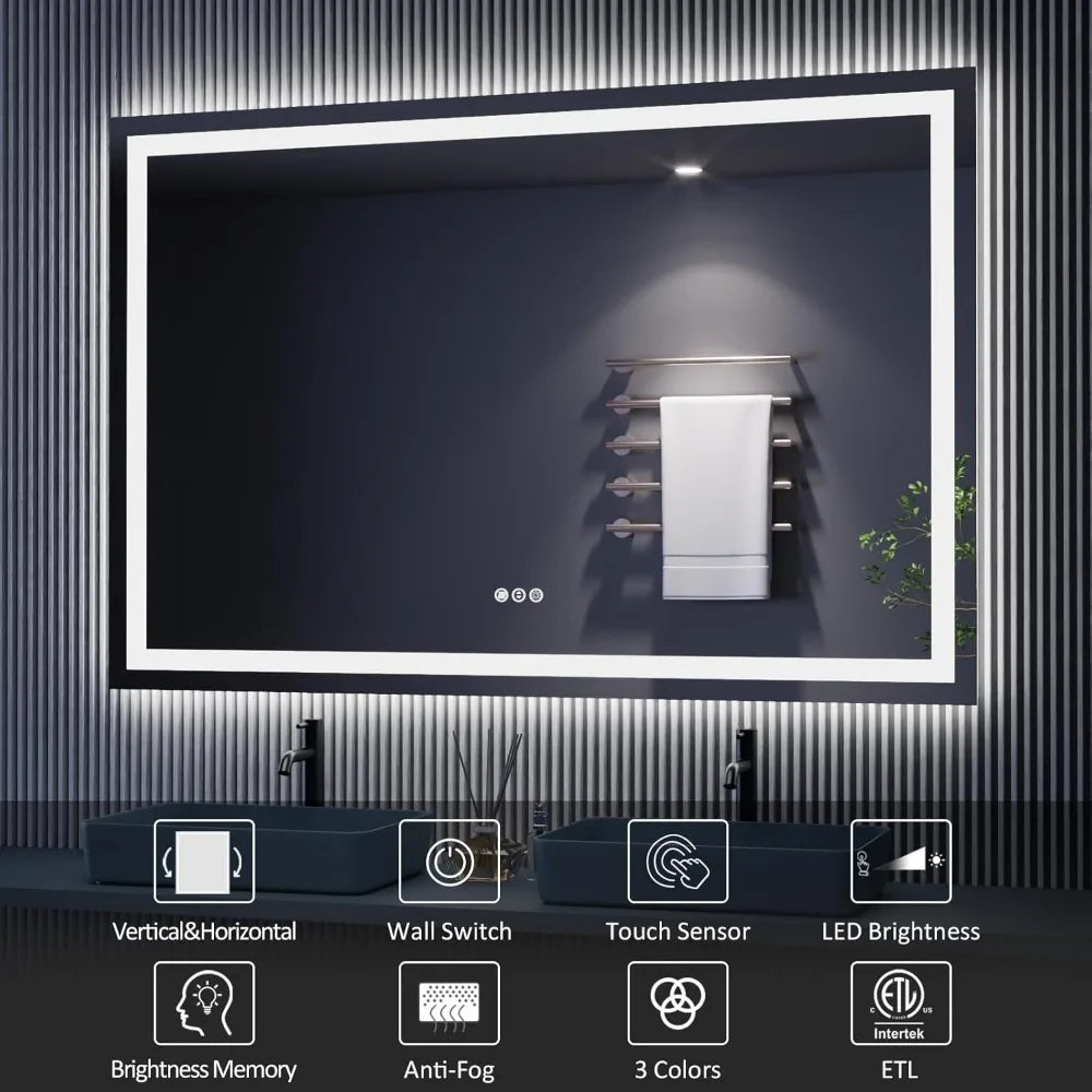 LED Mirror with Front and Backlight, Dimmable Wall Mirrors with Anti-Fog, Shatter-Proof, Memory, 3 Colors