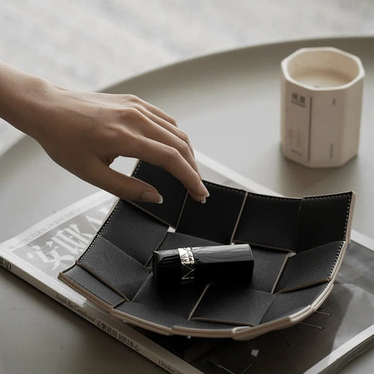 Leather Storage Tray Home Living Room Desktop Woven Storage Tray  Decorative  Jewelry Dish