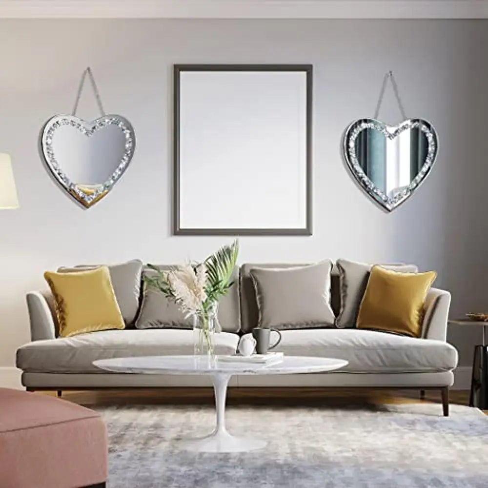 Heart Shaped Crystal Crush Diamond Glass Mirror Set Pack of 2 Glam Style Stainless Steel Chain
