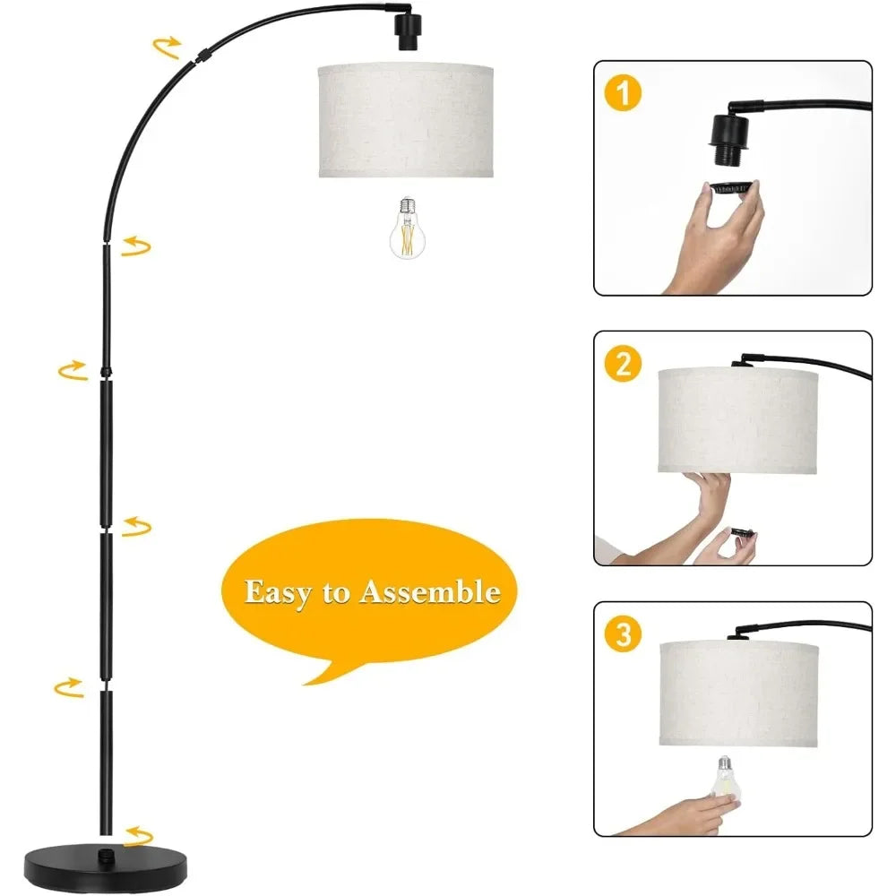 Floor Lamp, Modern Standing with Adjustable Drum Shade, Arched Floor with Foot Switch on Sofa