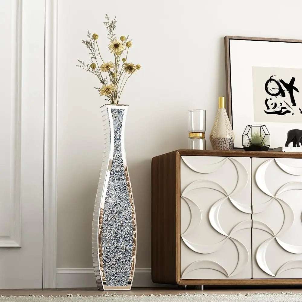 Mirrored Vase, Crushed Diamond Floor, Silver Vases Decor Living