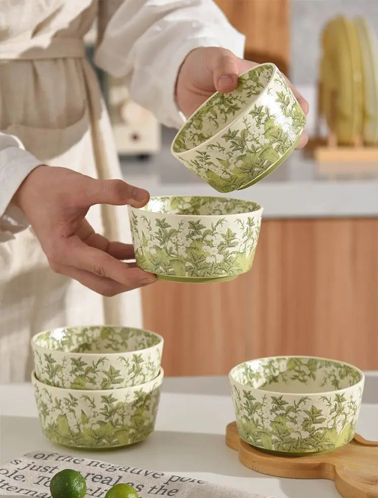 Deluxe Ceramic Bowl Spoon Set Bell Orchid Oil Painting Style Ceramic Tableware Retro Bowl