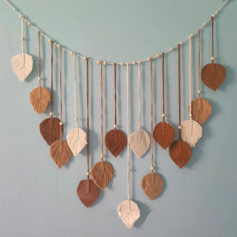 Macrame Tapestry Leaf Hanging Decor for Living Room Bedroom, Boho Wall Art