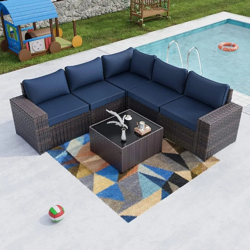 6PCS Outdoor Patio Furniture Set PE Wicker Rattan Sectional Sofa Patio Navy Blue