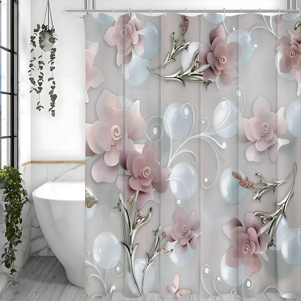 Modern Flower Embossed Shower Curtain, Bathroom Decor Shower Curtain, Waterproof Shower Curtain with Hooks