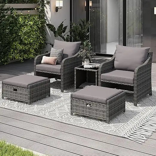 5 Piece Balcony Furniture PE Wicker Rattan Set 2 w/Ottoman cushions Table Patio Chair