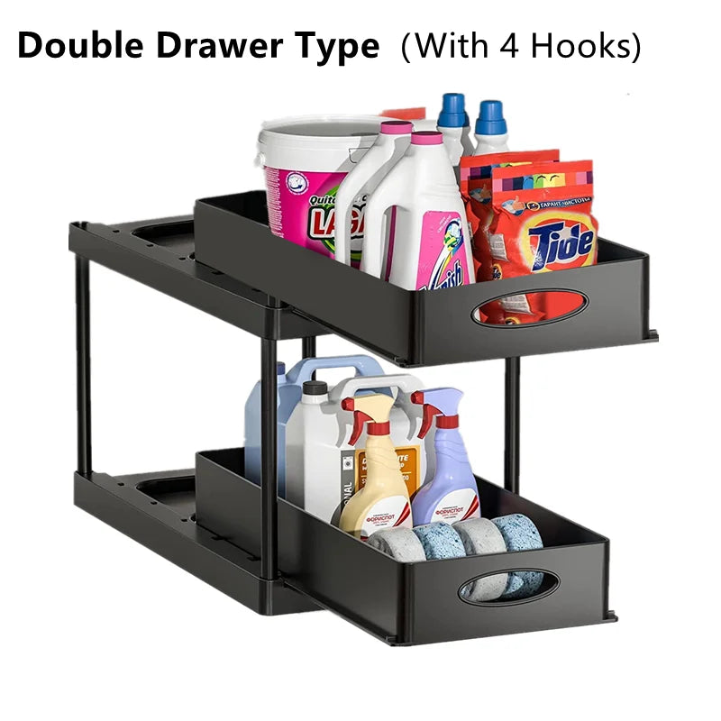 2 Tier Under Sink Organizer Sliding Cabinet Basket Storage Rack with Hooks Hanging Cup