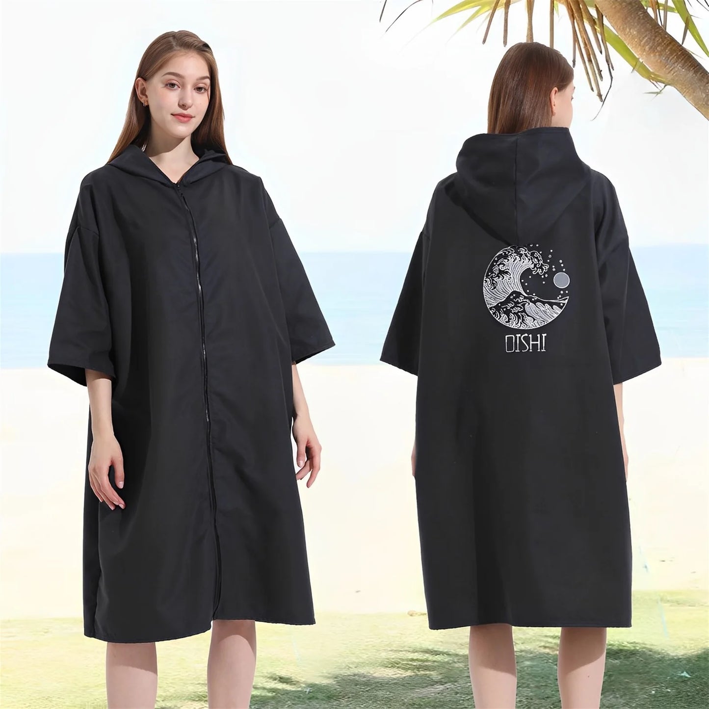 Robe with Hood Microfiber Towel Poncho with Zipper Short Sleeve Poncho Quick Dry