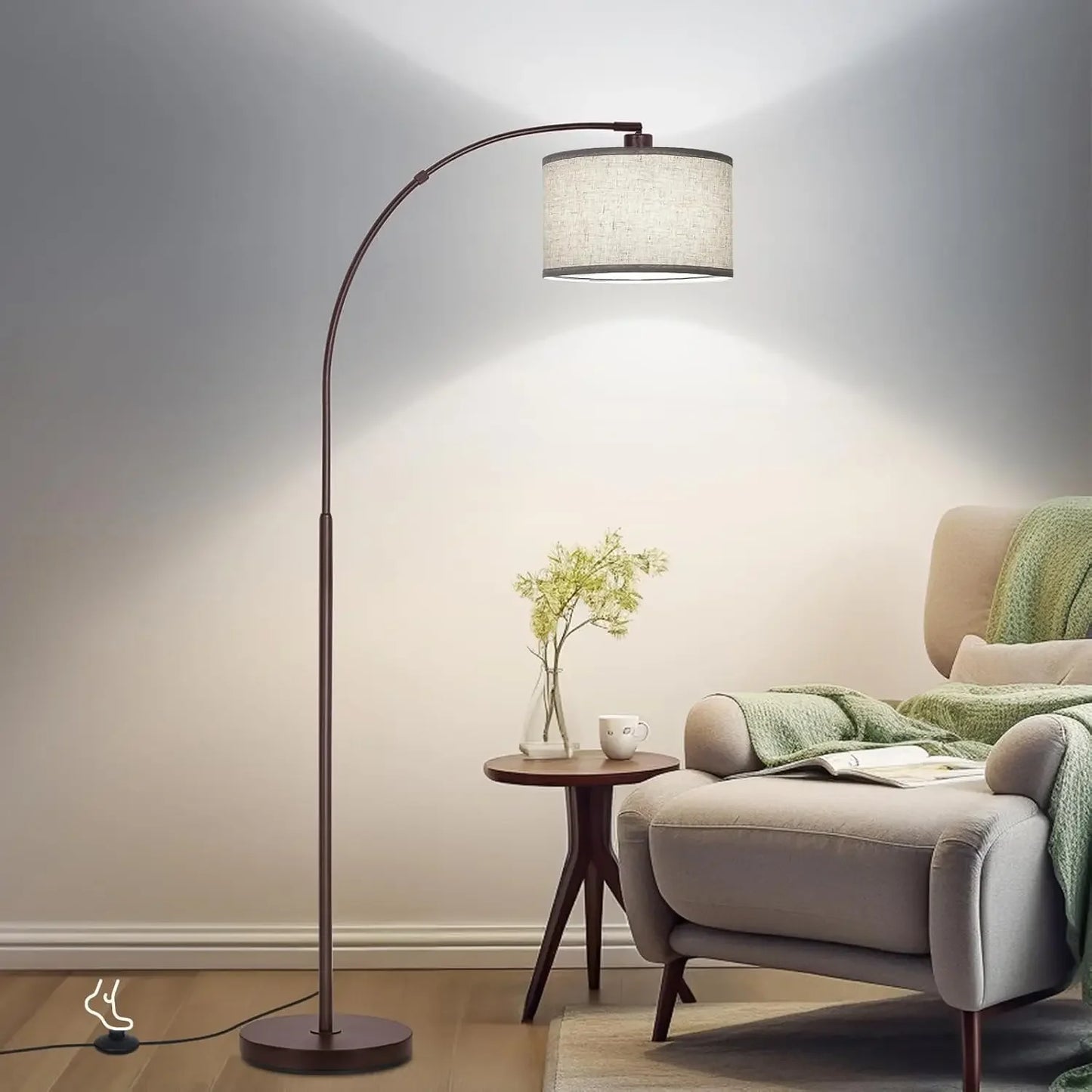 Floor Lamp, Modern Standing with Adjustable Drum Shade, Arched Floor with Foot Switch on Sofa