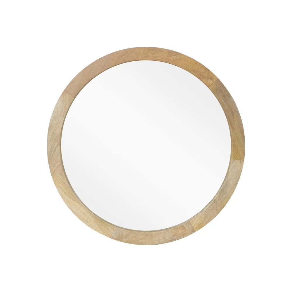 Round Mirror Mango Wood Frame Handcrafted Wall Accent Reflective Surface No Assembly