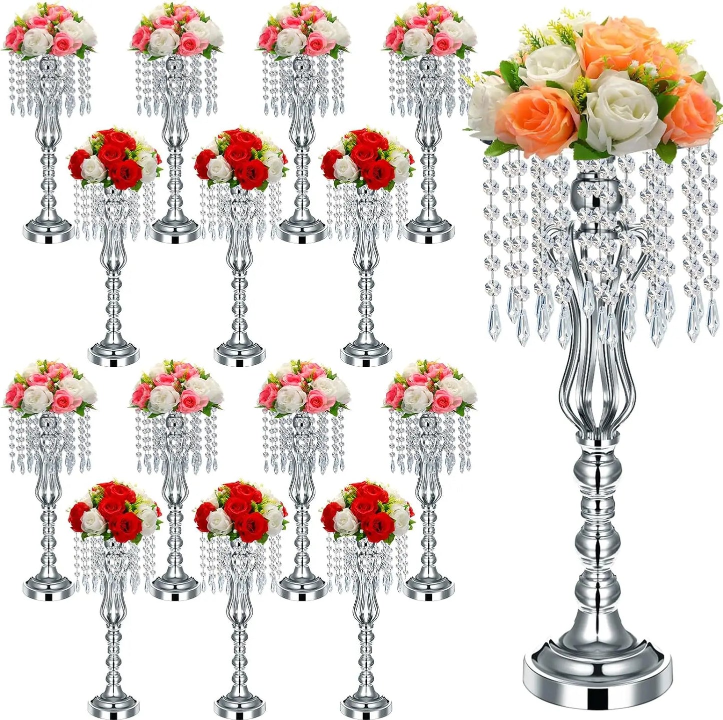 16 Pcs Centerpieces, Vase with Chandelier Crystal, Flower Party (Silver)