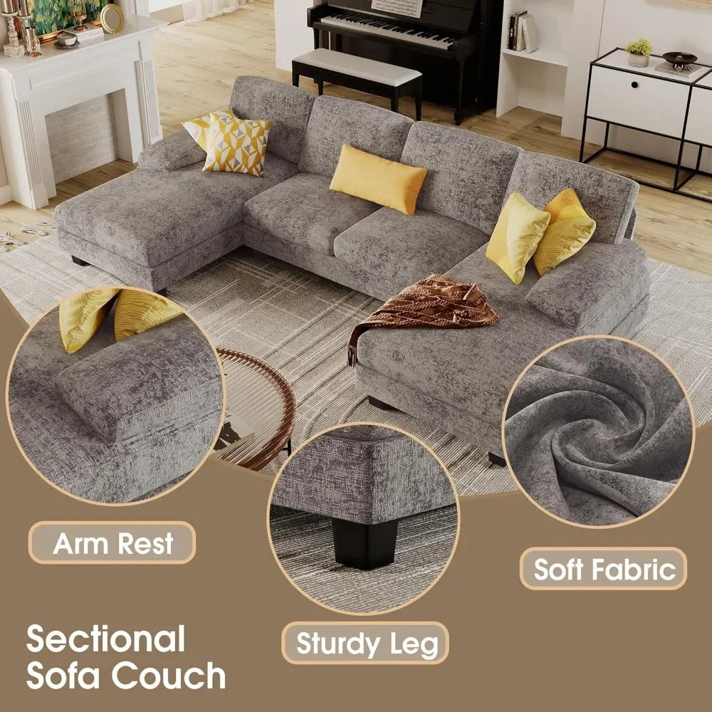 Sectional Couches for Living Room U-Shaped Sofa with Linen Fabric 4 Seat Sofa Set with Double Chaise