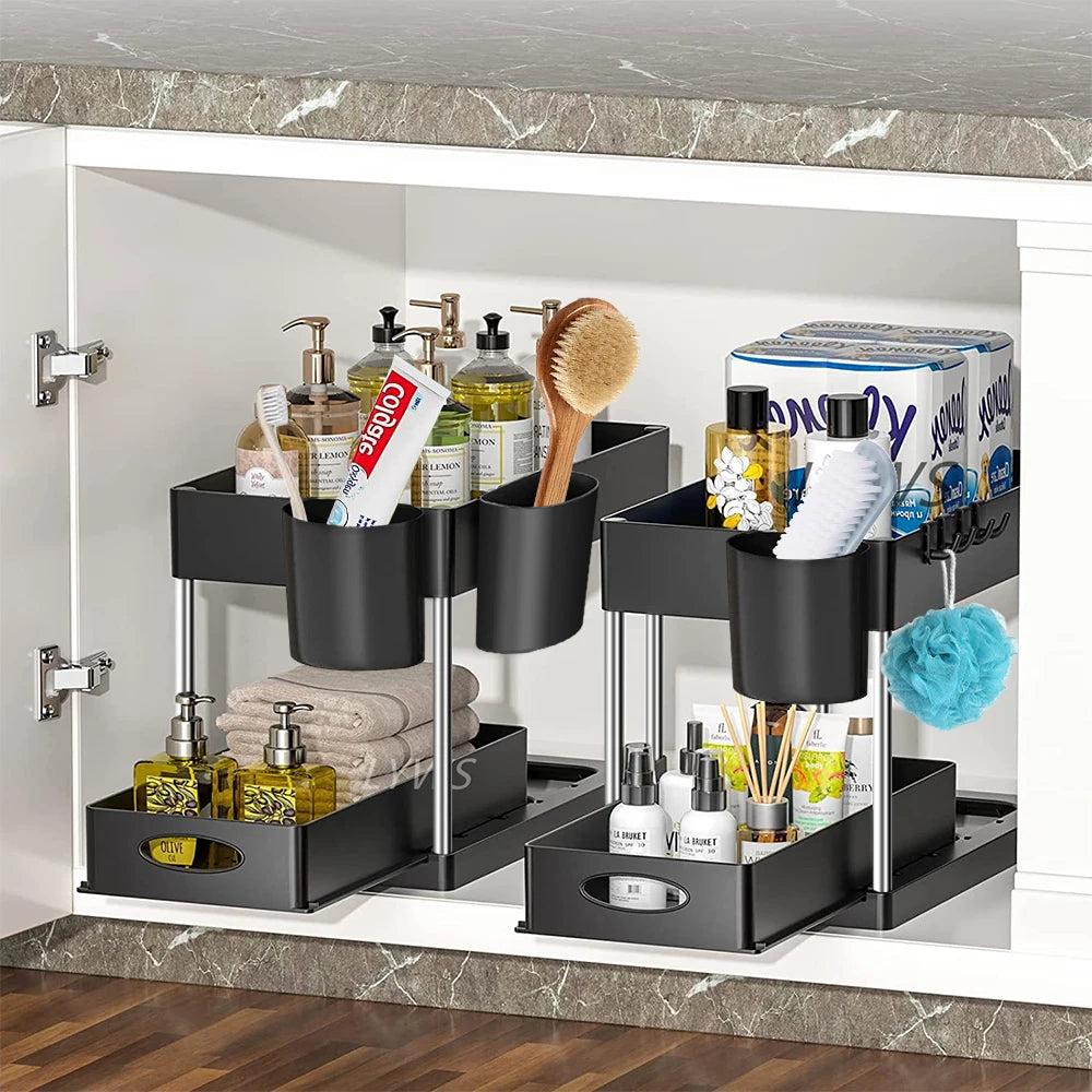 2 Tier Under Sink Organizer Sliding Cabinet Basket Storage Rack with Hooks Hanging Cup