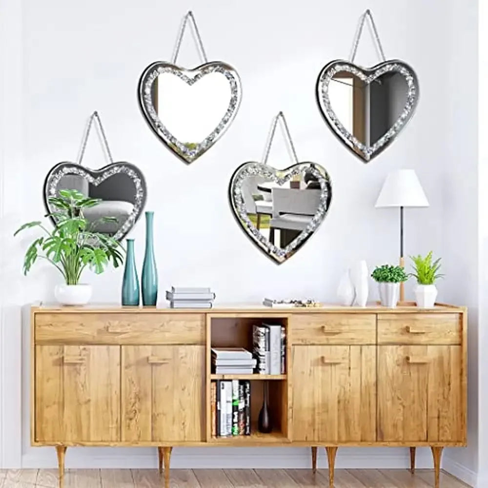 Heart Shaped Crystal Crush Diamond Glass Mirror Set Pack of 2 Glam Style Stainless Steel Chain