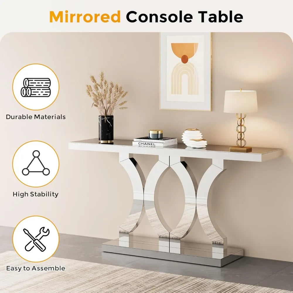 Mirrored Table, with Geometric Base, Modern Sofa Table for Living Room