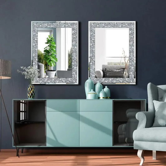 Crystal Diamond Rectangle Wall Decor Frameless Mirror Silver Acrylic Decor Sparkle Twinkle Bling