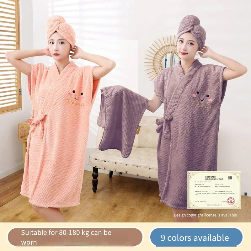 New pineapple bathrobe bath towel coral velvet thickened home cross binding skirt with cap