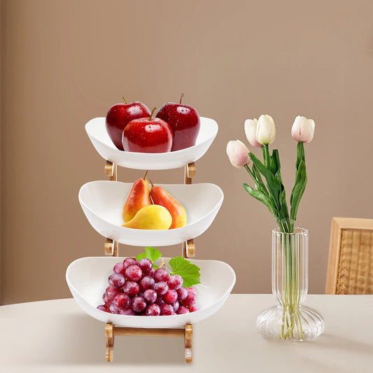 Fruit Bowl, 3 Tier Ceramic Fruit Basket, 3 Tier Serving Stand Serving Bowl with Bamboo Wooden Frame, Porcelain Kitchen Bowls